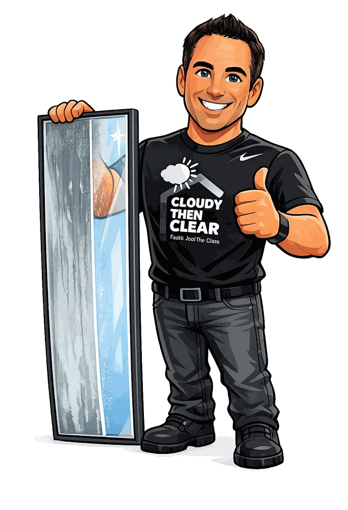 Cloudy Then Clear mascot giving a thumbs-up beside a half-foggy, half-clear sealed glass unit