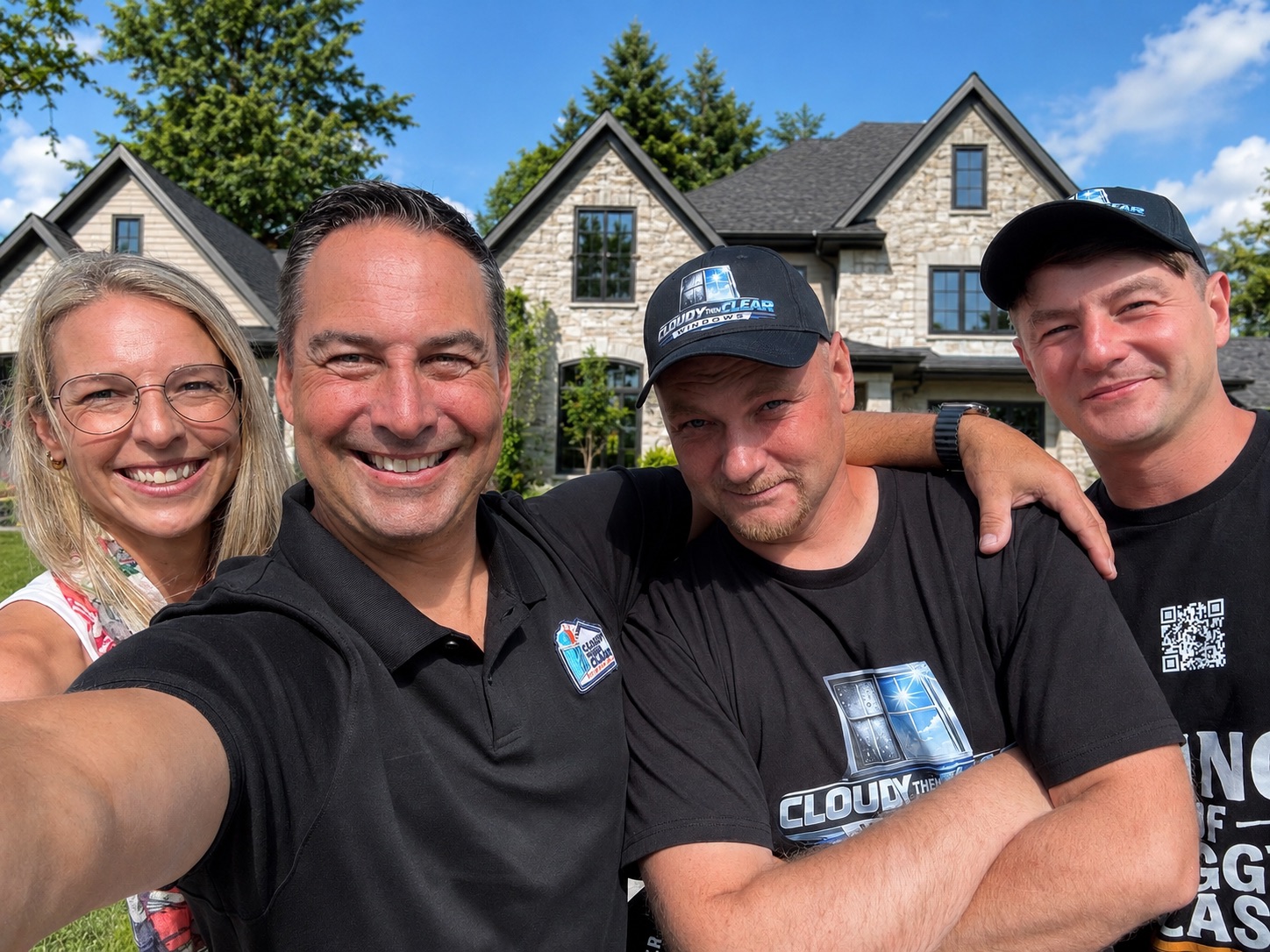 The Cloudy Then Clear team in branded shirts outside a customer's home