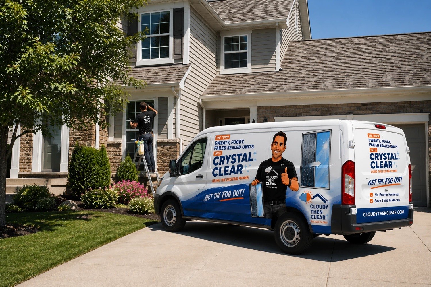 Cloudy Then Clear service van — we turn sweaty, foggy, failed sealed units crystal clear using the existing frame